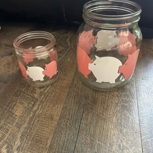Vintage Luminarc France Glass Pig Canisters Pink White Set of 2 Storage Jars